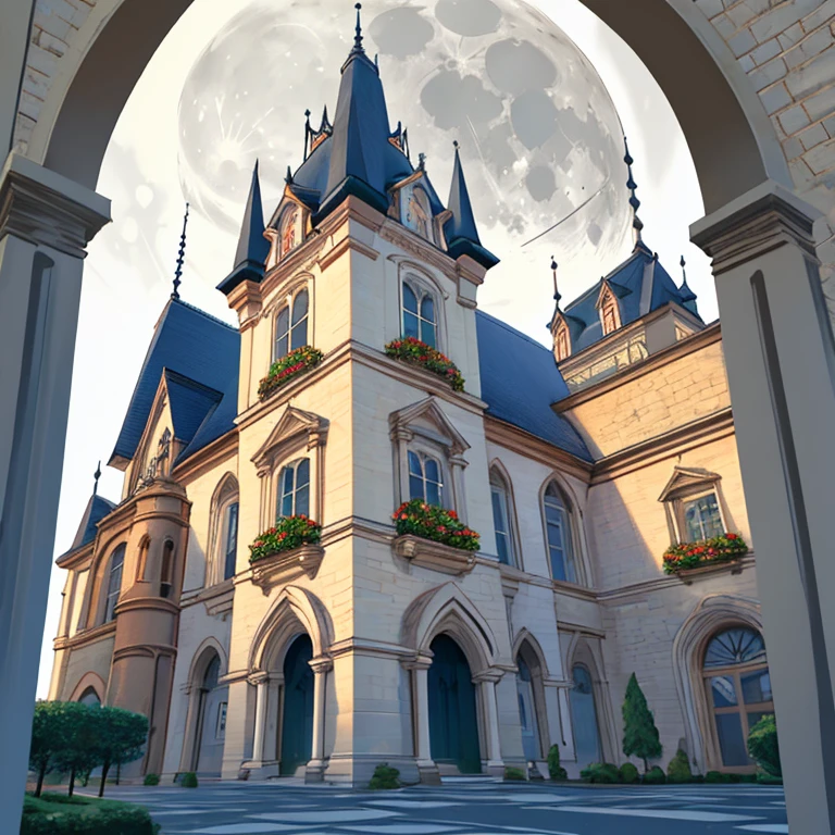 Moon white fine brick walls, spires, red rose castle, glass iron locks