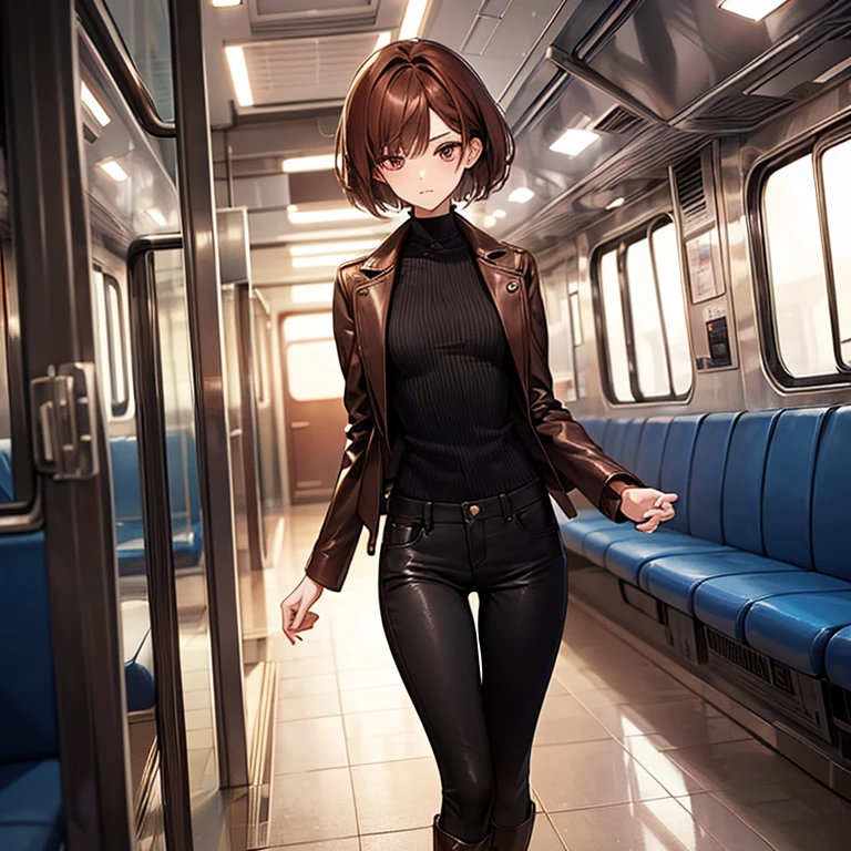 Masterpiece、Subtle details、korean women、One adult woman、Sophisticated、On a city train、Slender beauty、delicate、Model-like body、Korean Fashion、Knitwear with a high neck、leather jacket、Riders jacket、Low rise skinny pants、tall、Stylish、Small breasts、Korean Makeup、Sharp Eyes、Cool Beauty、older sister、Pixie Cut、The hair ends are trimmed、short nape、Hair with reduced volume、Thick-soled boots、Reddish brown hair、