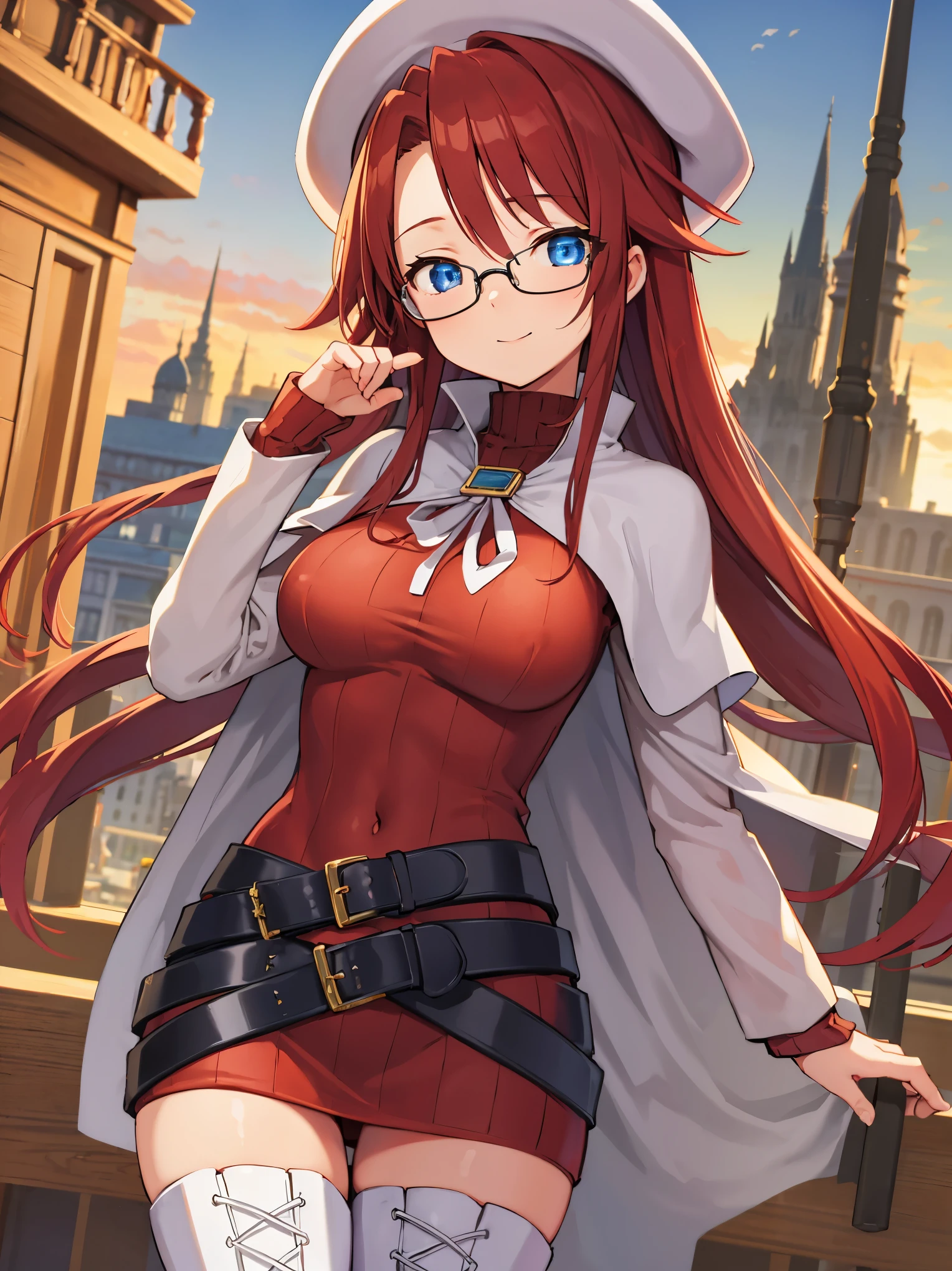summonnightaty, aty, long hair, blue eyes, red hair, beret, hat, glasses,
BREAK long hair, thighhighs, hat, dress, boots, glasses, belt, cape, sweater, zettai ryouiki, beret, thigh boots, white footwear, ribbed sweater, loose belt,solo,
BREAK outdoors, fantasy,on_a_ship,
BREAK (masterpiece:1.2), best quality, high resolution, unity 8k wallpaper, (illustration:0.8), (beautiful detailed eyes:1.6), extremely detailed face, perfect lighting, extremely detailed CG, (perfect hands, perfect anatomy),covered_nipples,covered_navel,light_smile ,(half_eyes:1.4),sword,armpit,sleepy,dynamic_standing,barrel,red_sweater,apart_legs,magical_effect,pulmp,big_tits,