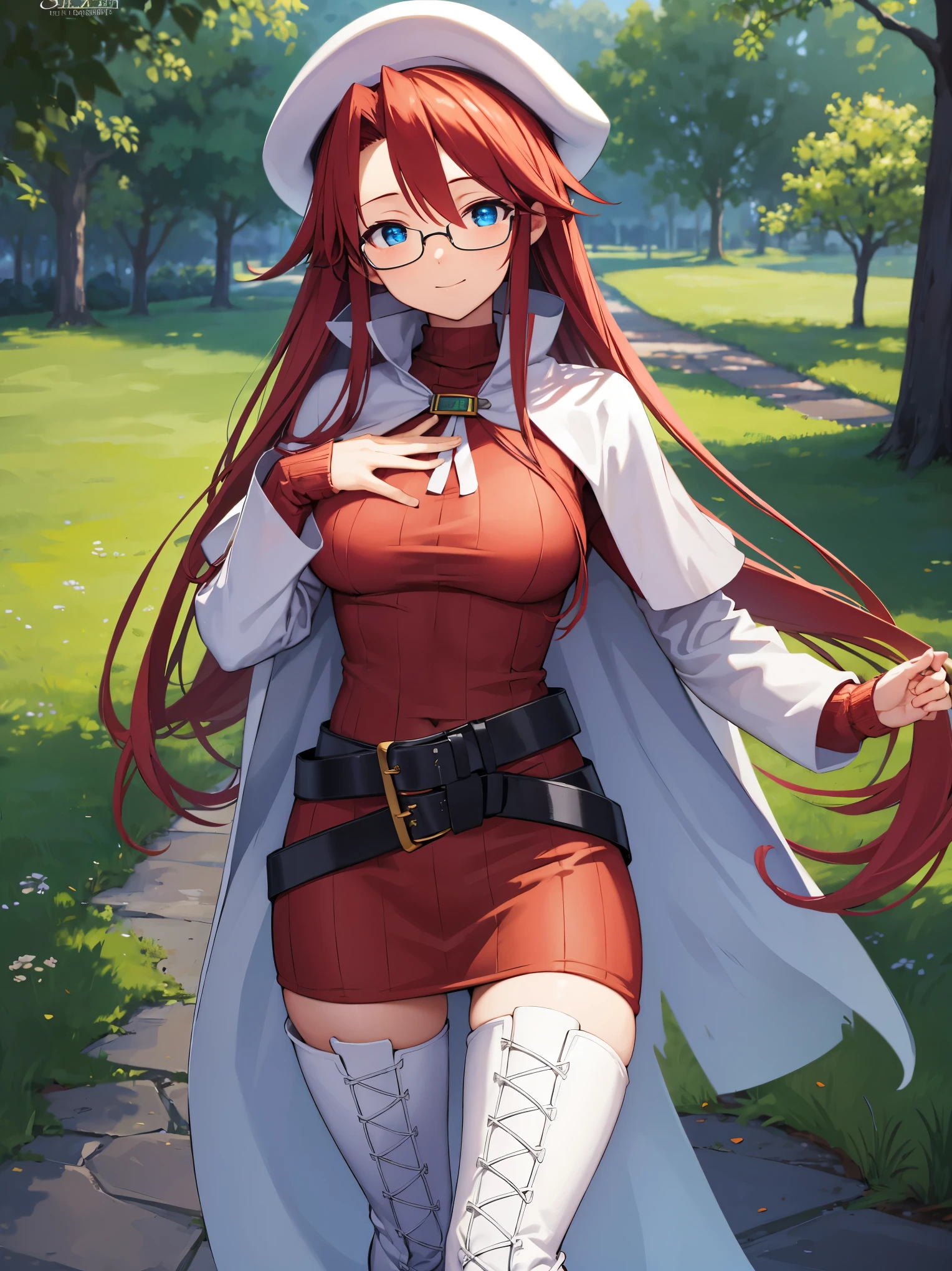 summonnightaty, aty, long hair, blue eyes, red hair, beret, hat, glasses,
BREAK long hair, thighhighs, hat, dress, boots, glasses, belt, cape, sweater, zettai ryouiki, beret, thigh boots, white footwear, ribbed sweater, loose belt,solo,
BREAK outdoors, fantasy,on_a_ship,
BREAK (masterpiece:1.2), best quality, high resolution, unity 8k wallpaper, (illustration:0.8), (beautiful detailed eyes:1.6), extremely detailed face, perfect lighting, extremely detailed CG, (perfect hands, perfect anatomy),covered_nipples,covered_navel,light_smile ,(half_eyes:1.4),sword,armpit,sleepy,dynamic_standing,barrel,red_sweater,apart_legs,magical_effect,pulmp,big_tits,