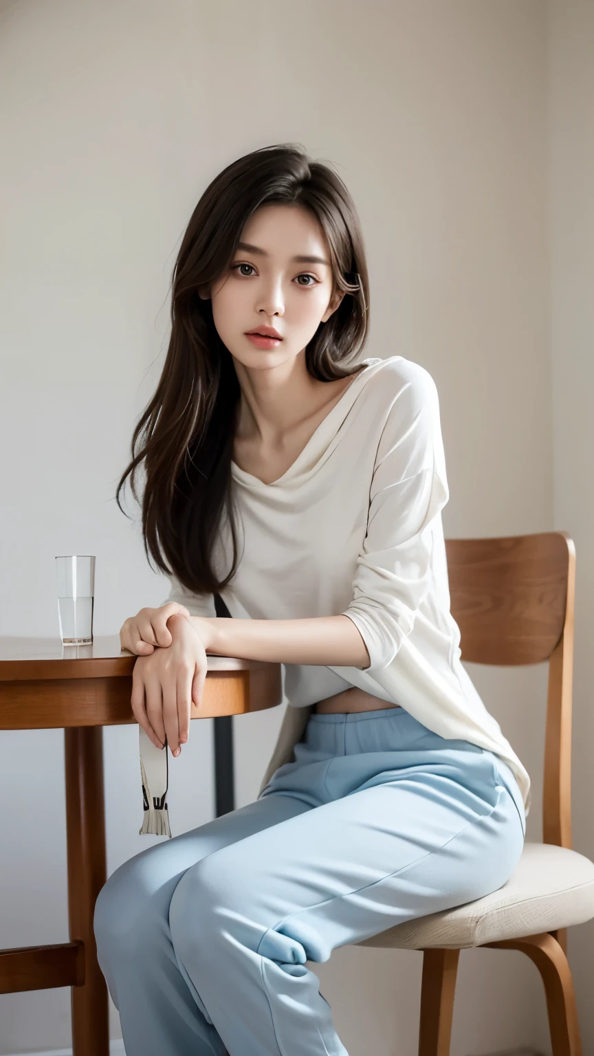 (Photorealistic),(Masterpiece),(ultra-detailed),a close shot of very beautiful and tall but so delicate and weak and thin and fragile and slender because she hasn’t eaten for a month,wearing a loose crop hoodie and loose sweat pants ,have absolutely no fat or muscles, quite tall but very small and feeble and fragile body frame and figure,enduring extreme hunger,big eyes and very small face,about to faint but resisting,extremely severely malnourished,trying to stay positive,legs and waist thin as arms,hunger in eyes, sitting on a chair,can see all her bones