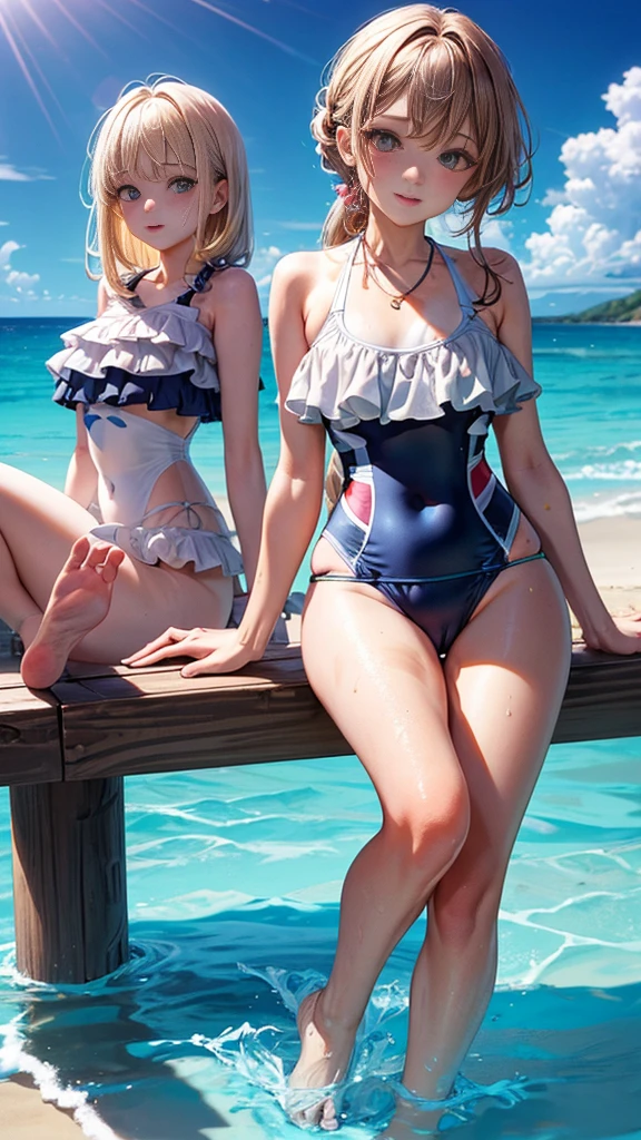 UHD, retina, masterpiece, ccurate, anatomically correct, textured skin, super detail, high details, high quality, award winning, best quality, highres, 1080P, HD, 4K, 8k, 16k、blue sea、Wide sky、Deep sandy beach、Cute Girls、(Cute Swimsuit:1.unburn mark、Lay a sheet on the beach、Resting on the seat、Clearly defined pusse:1.1、During rutting season, put your fingertips on your chest or groin,