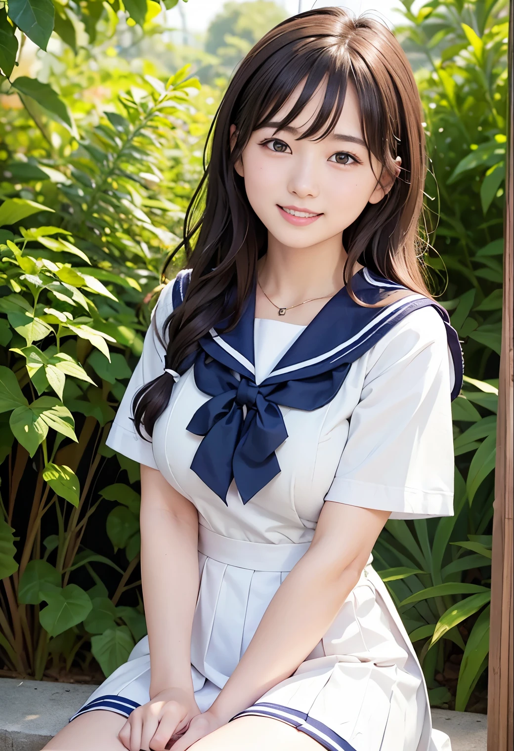 (highest quality,masterpiece:1.3,Ultra-high resolution),(Very detailed、Caustics) (Photorealistic:1.4, RAW shooting、)Ultra-Realistic Capture、very detailed、Natural skin texture、masterpiece、( high school sailor uniform:1.3)、short sleeve sailor suit、1 Japanese girl、adorable expression、expression of happiness、14 yea face、Amazingly cute、Shortcuts、Black Hair、necklace、light makeup、Big breasts that look like they're about to burst、Bare arms、This photo was taken in a private garden.、Shining thighs、Smile、Don't show your teeth、An inviting gaze、The exact number of fingers on both hands、