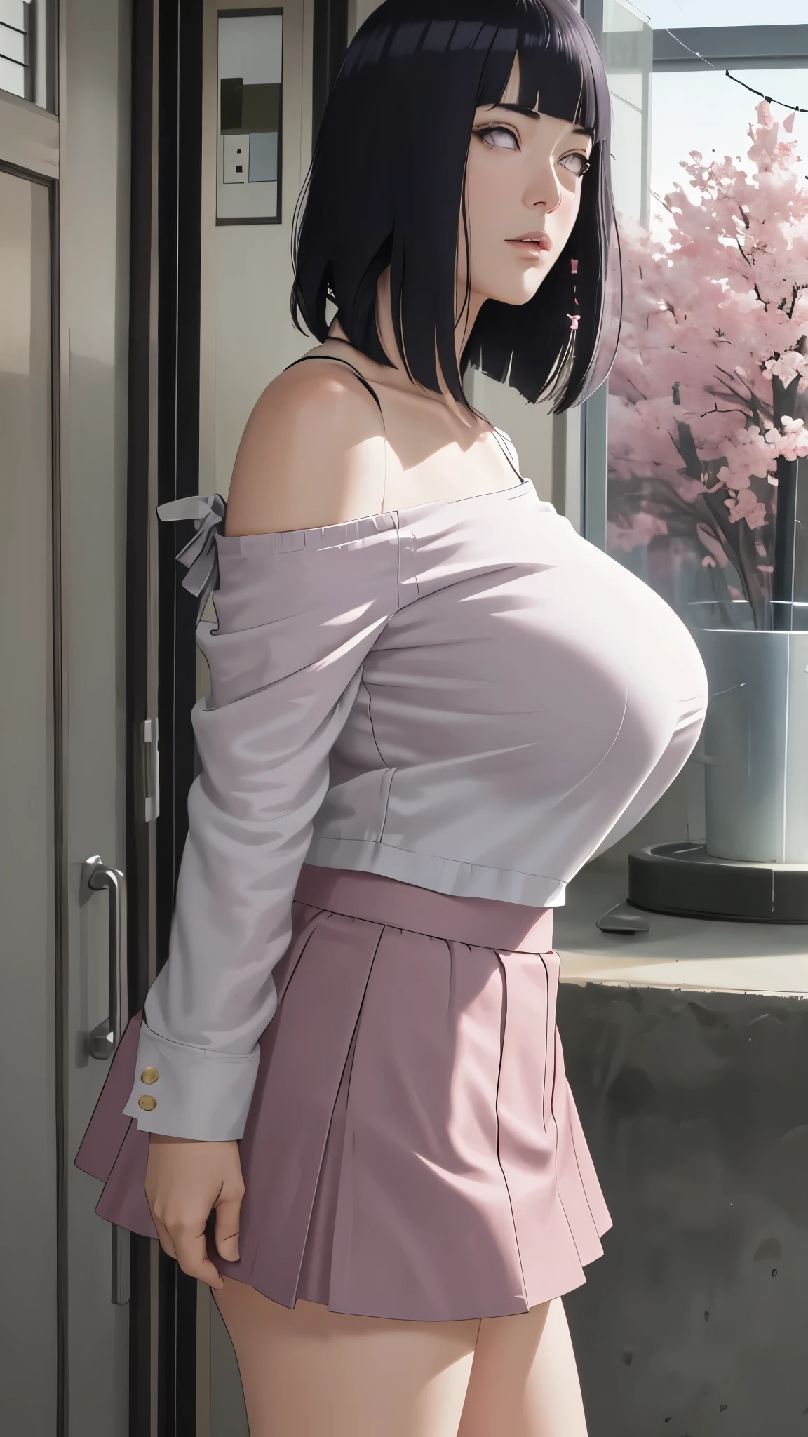 ((huge tits))masterpiece, absurdres, hinata\(boruto\), 1girl, ((sexy mini college skirt))solo,mature female, off-shoulder oversized shirt, looking at viewer, (falling petals), perfect composition, detailed lips, beautiful face, body propotion, blush, (pink lips), long hair, purple eyes, soft gaze, super realistic, detailed, photoshoot, realistic face and body, side view,sexual expresion,seductive expresion