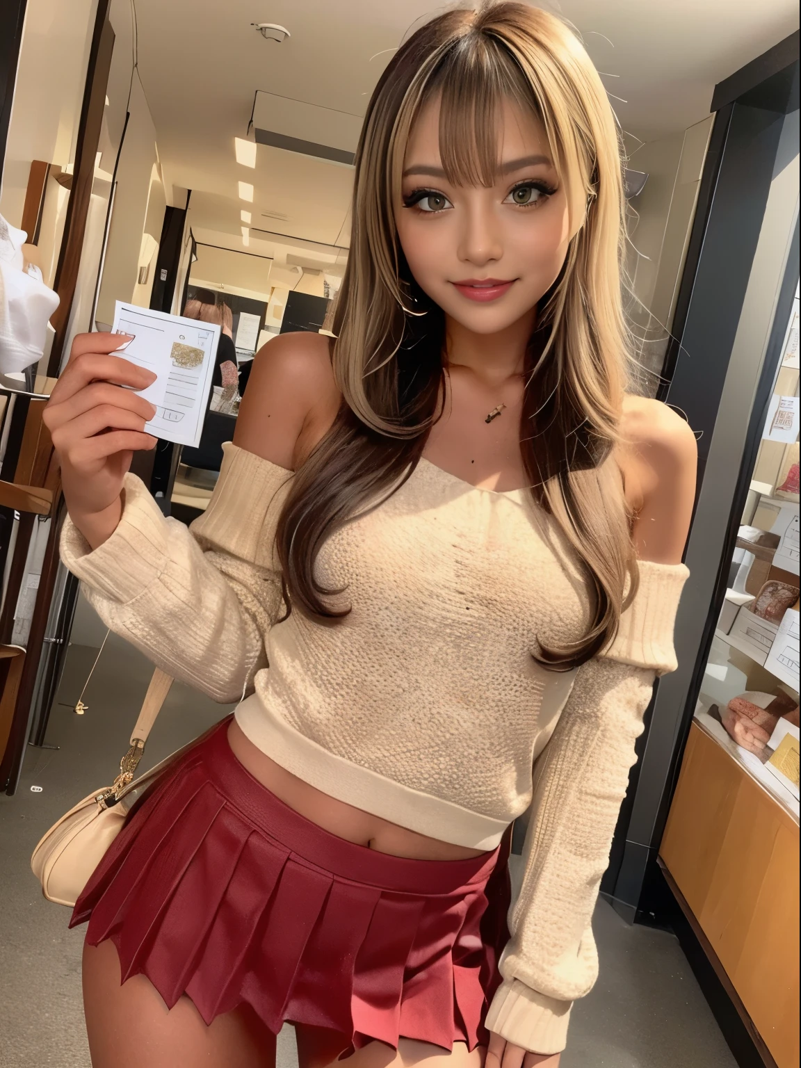((Tabletop)), ((highest quality)), (Very detailedな), ((Very detailed)), 4K, (8k), highest quality, (beautiful), Genuineistic, Genuine, Cowboy Shot,Dynamic Angle 0, Front view ,Young and pretty girl in Japan , Inside the flower shop, Daytime, The season is autumn, Standing in front of the store with a smile, Attractive person ,Long Bob Hair ,One Girl, alone, (Off-the-shoulder sweater), (Check mini skirt), (Knee-high boots), (Shoulder bag),((beautiful eyes)), Big ample breasts, Big smile, Super cute face, glossy lips, Double eyelids on both eyes, Long eyelashes ,Natural Makeup, 光沢のある滑らかなライトブラウンのLong Bob Hair, Asymmetrical bangs, High resolution, Attention to detail, Detailed hairstyle, Detailed face, Cinema Lighting, Octane Rendering, Ultra-realistic, Perfect limbs, Perfect Anatomy
