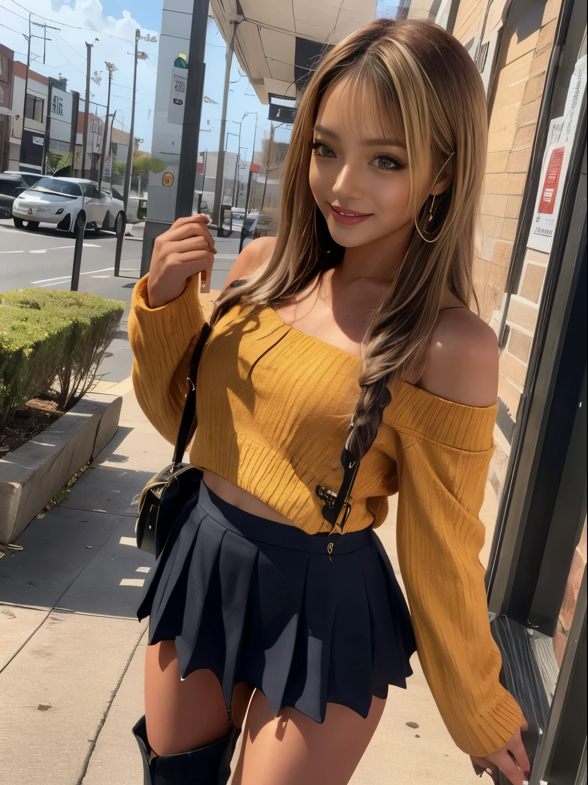 ((Tabletop)), ((highest quality)), (Very detailedな), ((Very detailed)), 4K, (8k), highest quality, (beautiful), Genuineistic, Genuine, Cowboy Shot,Dynamic Angle 0, Front view ,Young and pretty girl in Japan , Inside the flower shop, Daytime, The season is autumn, Standing in front of the store with a smile, Attractive person ,Long Bob Hair ,One Girl, alone, (Off-the-shoulder sweater), (Check mini skirt), (Knee-high boots), (Shoulder bag),((beautiful eyes)), Big ample breasts, Big smile, Super cute face, glossy lips, Double eyelids on both eyes, Long eyelashes ,Natural Makeup, 光沢のある滑らかなライトブラウンのLong Bob Hair, Asymmetrical bangs, High resolution, Attention to detail, Detailed hairstyle, Detailed face, Cinema Lighting, Octane Rendering, Ultra-realistic, Perfect limbs, Perfect Anatomy