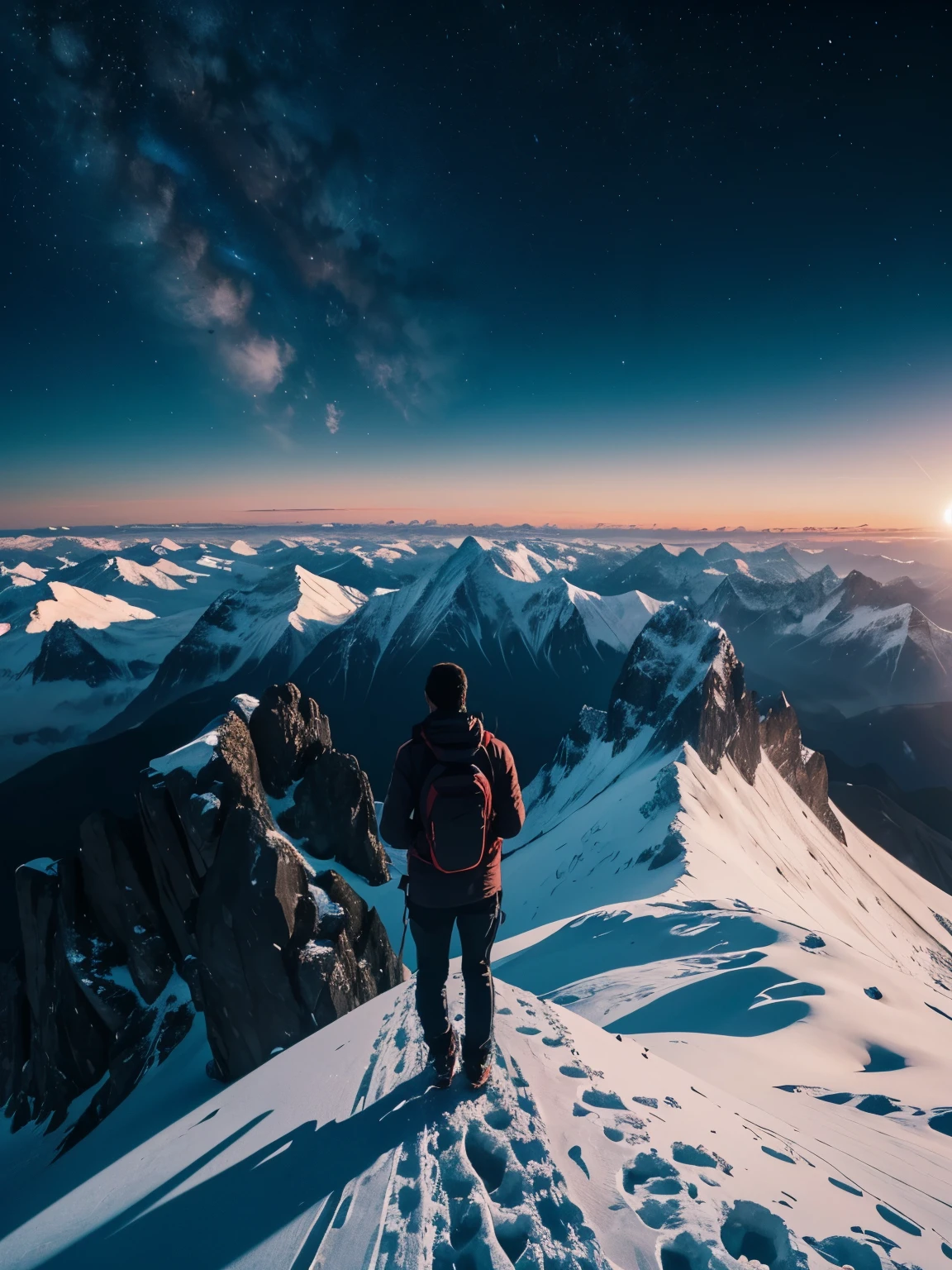 A man standing on a mountain peak, camera angle from behind, the man facing at the aura sky, a very slight view of moon on horizon, evening sky who very little star, a aesthetic atmosphere, a perfect photo,