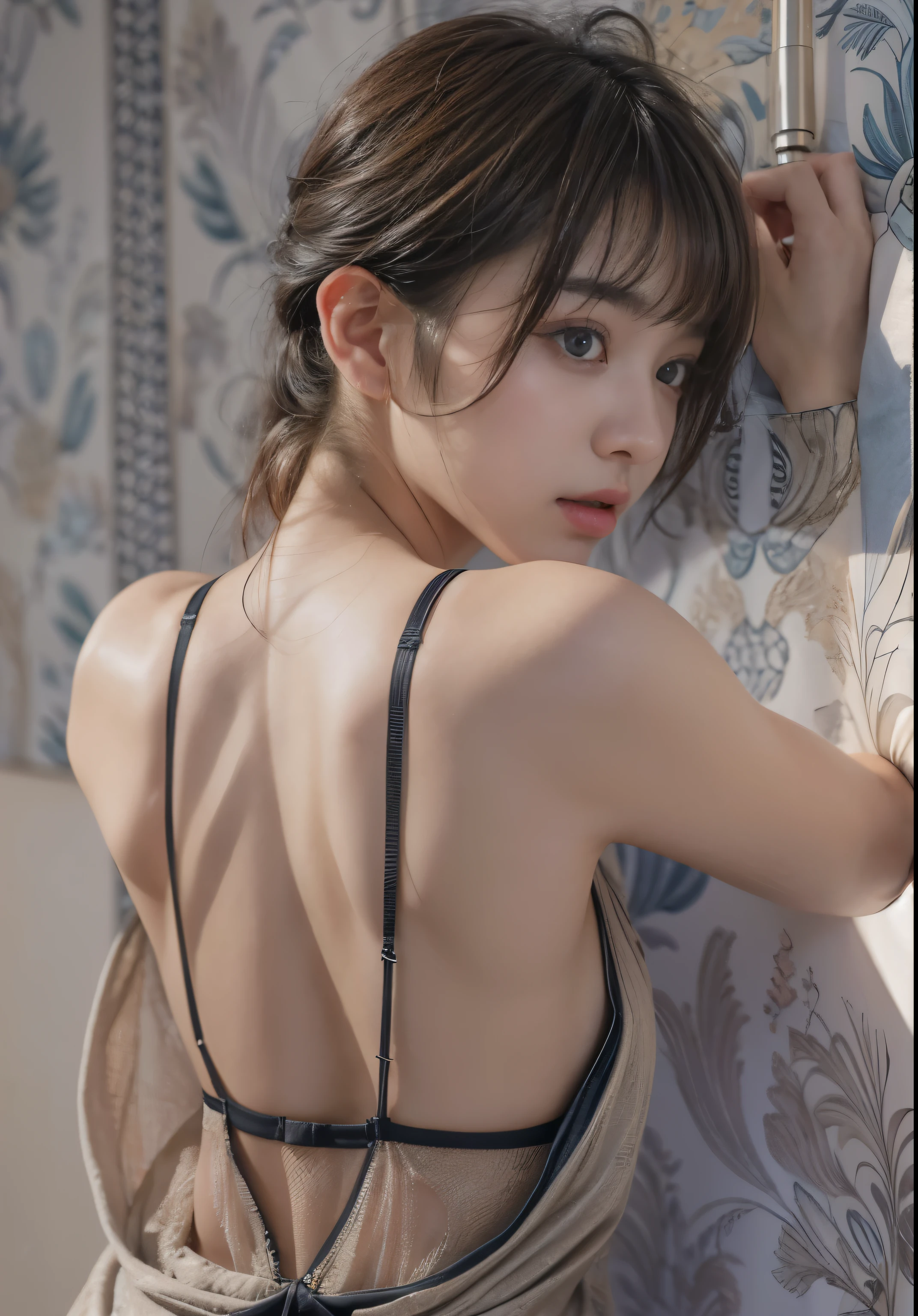 masterpiece、8K、32K、highest quality、(Detailed both eyes)、(cute japanese woman、bangs:1.3)、23 years old、1 girl、elegant、black hair、(olaroid photograph of:1.4)、back、(Backless dress:1.3)、Sexy Gravure