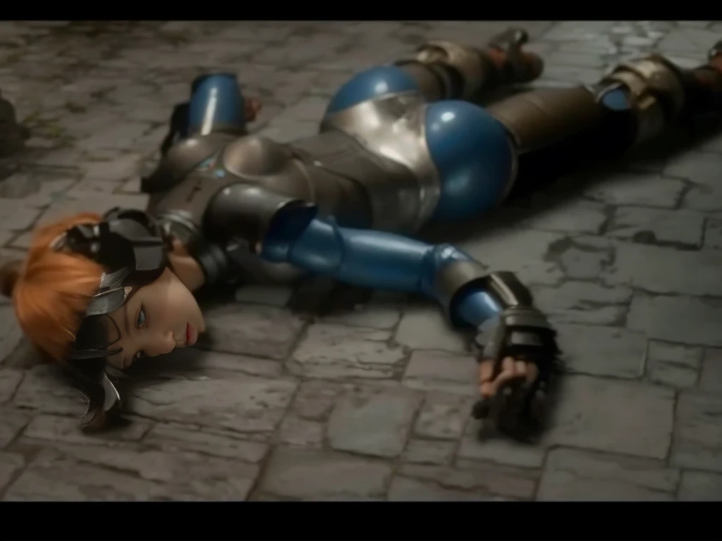 8k resolution , absurd res, high res, a close up of a person in a bodysuit laying on a brick floor, cgi cutscene, discarded mechsuit in background, 9 0 s cgi, captura, vivec robot, only one robot kid on the ground, blue leather armor, kitana from mortal kombat, very detailed face, big butt in thong, blue latex bodysuit, very short ginger hair, long legs, wide hips, laying on stomach, big boob, large breasts, exposed cleavage, pawg