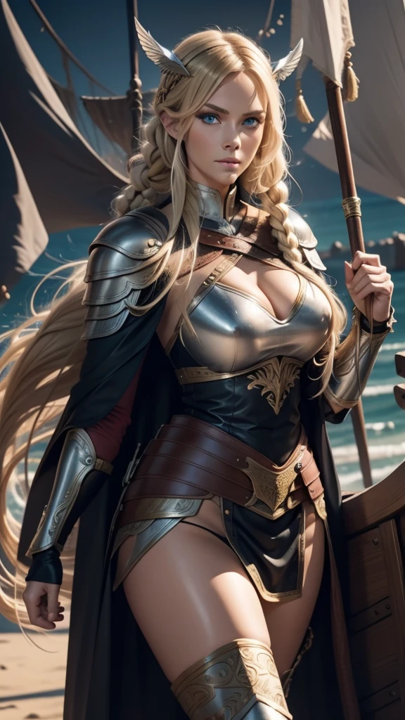 Gorgeous Woman, Valkyrie, Long blonde hair, blue eyes, detailed facial features, proportional hands, proportional fingers, leather armor, fur cape, viking ship,