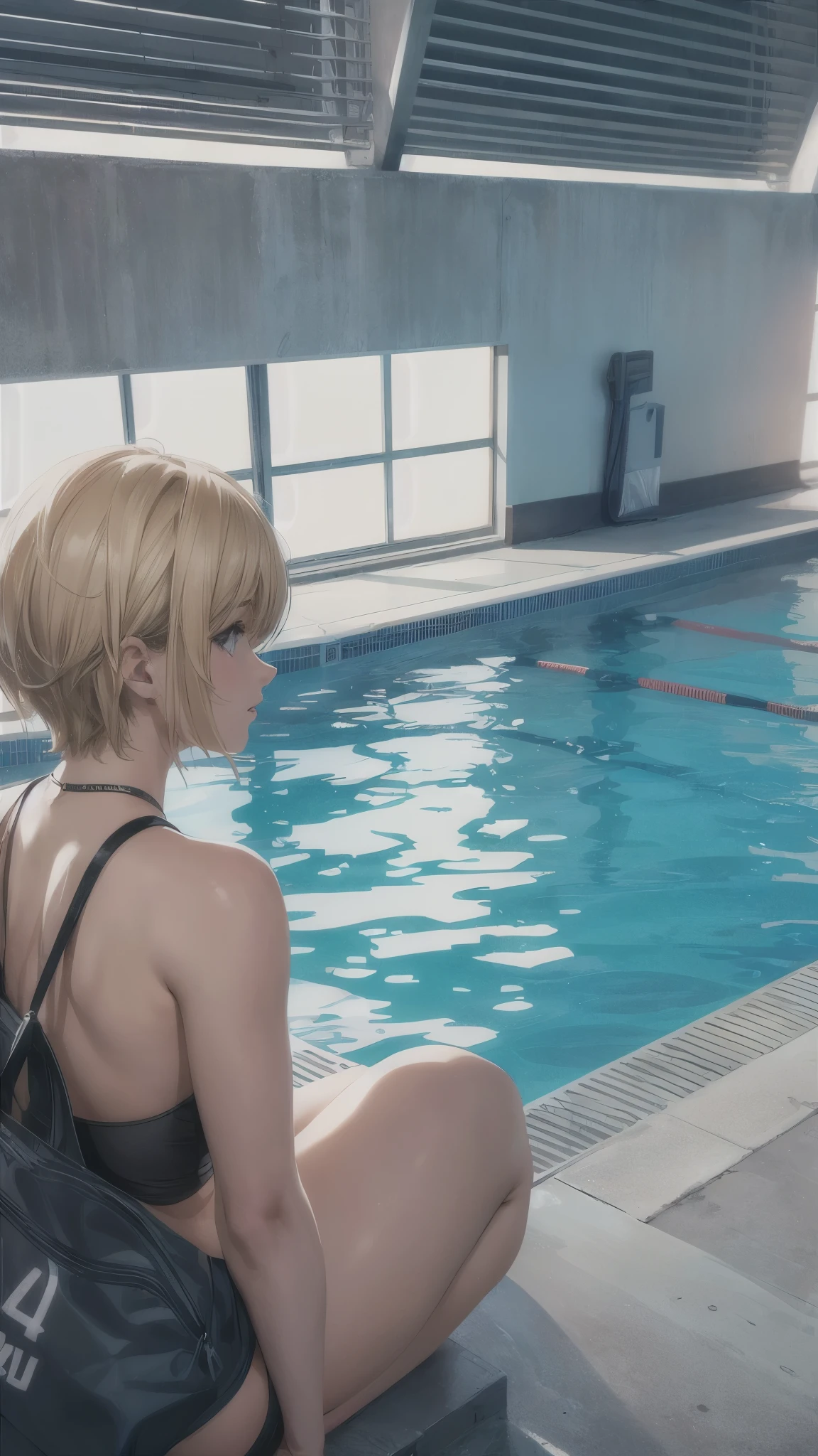 (best quality,4k,highres,ultra-detailed,realistic:1.2),Inside the backroom’s world,Inside the closed pool rooms,luminal space,((one 20years old woman,blonde short hair)),sitting on the pool side,