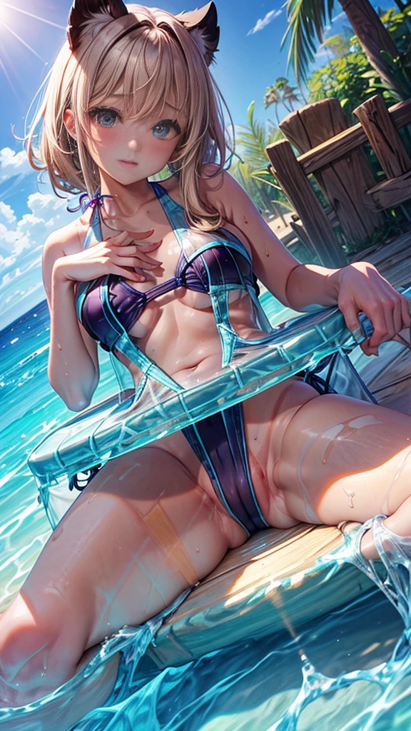 UHD, retina, masterpiece, ccurate, anatomically correct, textured skin, super detail, high details, high quality, award winning, best quality, highres, 1080P, HD, 4K, 8k, 16k、blue sea、Wide sky、Deep sandy beach、Cute Girls、(Cute Swimsuit:1.6)、Sunburn mark、Lay a sheet on the beach、Resting on the seat、Clearly defined pussy line:1.1、During rutting season, put your fingertips on your chest or groin,