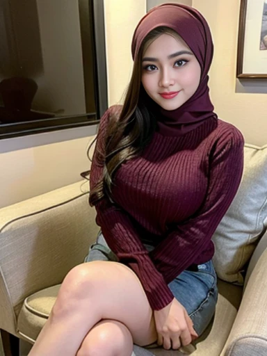 RAW, Best quality, high resolution, masterpiece: 1.3), beautiful Malay woman in hijab, Masterpiece, perfect fit body, big breasts,thick thighs, beautiful face, beautiful big eyes, Soft smile, sitting on a chair, maroon sweater, wearing casual tight sweater, with lovely look, lovely woman, casual modern clothing, beautiful design, wonderful masterpiece, modern casual clothing, idols, casual clothing style