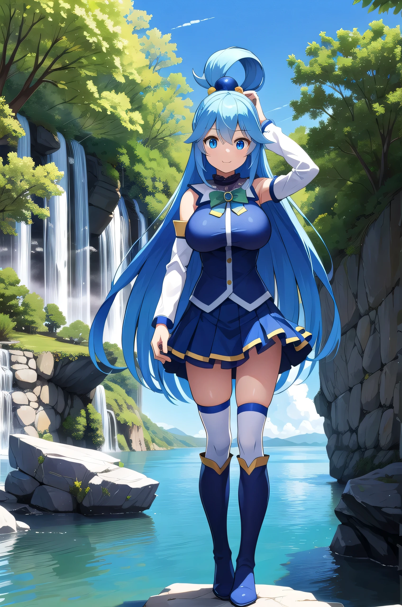 (masterpiece、highest quality、Vibrant、detailed、High resolution)、Anime Girls、solo、Aqua \(KonoSuba\)、Blue Eyes、blue footwear、Blue Hair、Blue knee-high socks、boots、Big Breasts、Girls with very large breasts、bubble、White sleeves、hair ornaments、Hair Ring、Long Hair、Single hair ring、skirt、T-boots、Very long hair、White knee-high socks、kono subarashii sekai ni shukufuku wo!、smile、river、Dilapidated castle in the distance、blue sky、Standing on a rock、