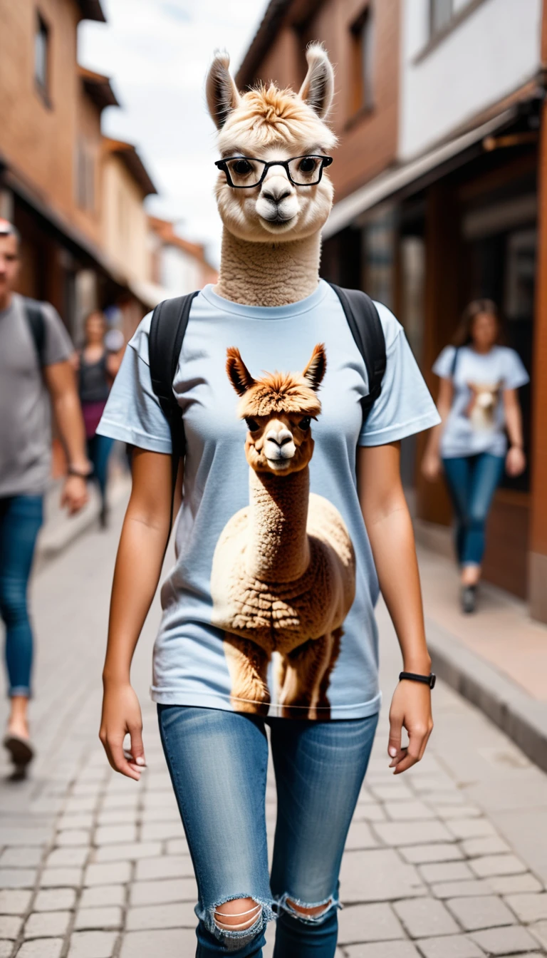 realistic photo, anamorphic alpaca walking in the street, alpaca wearing t-shirt with alpaca printed pictures on it, raw photo, shallow depth of field, Immersive background