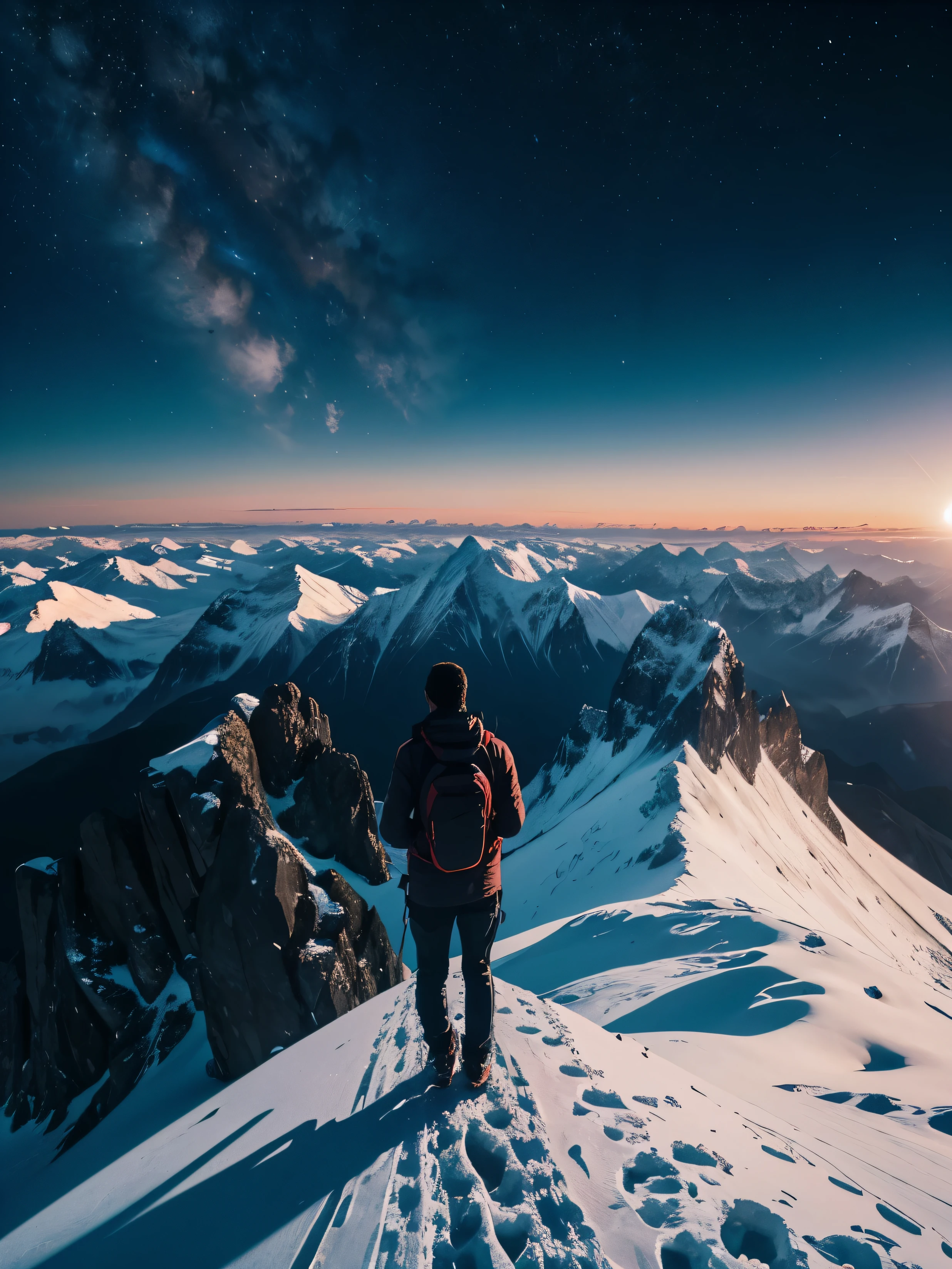 A man standing on a mountain peak, camera angle from behind, the man facing at the aura sky, a very slight view of moon on horizon, evening sky who very little star, a aesthetic atmosphere, a perfect photo, 