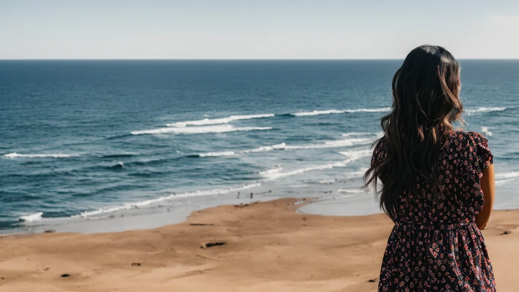 1 woman looking at the horizon with her back to the camera, em um dia chuvoso