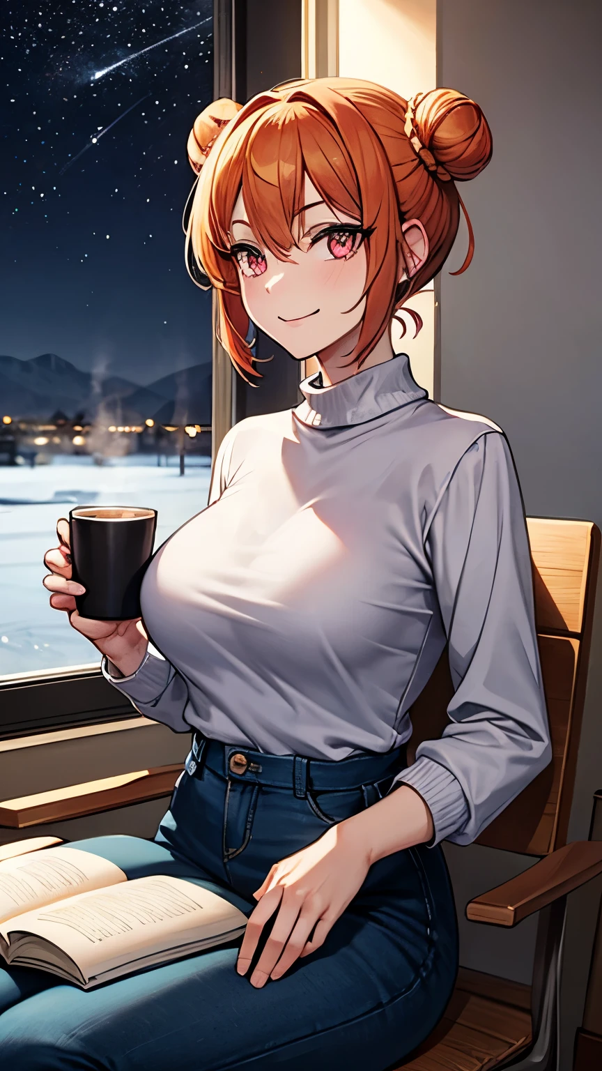 (masterpiece), best quality, expressive eyes, perfect face, 1girl, solo, tomboy, mature female, big breasts, short hair, , orange hair BREAK hair buns, double buns, pink eyes BREAK orange sweater BREAK blue pants BREAK hot coffee, cup,  indoors, sitting on coach, window, night sky, snow, looking at viewer, smile, closed mouth 