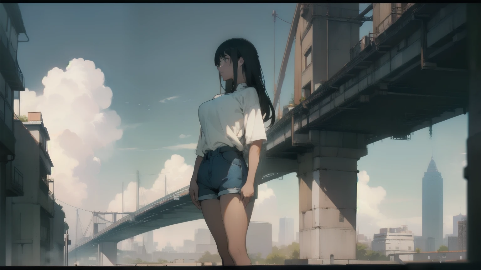 masterpiece, best quality, 1girl, (closeup bottom), yelow coat, dirty clothes, standing on the roof, from behind, upskirt, bottom, (print panties), cityscape, flooded, industrial ruins, warm, desolate, dark, grey clouds, watercolor, sketch