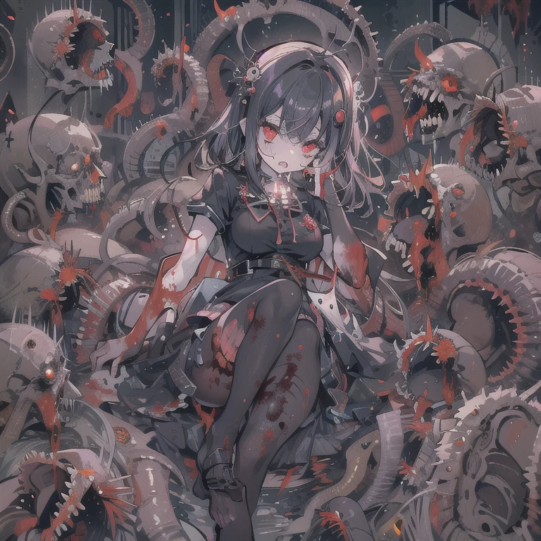 masterpiece, best quality, masterpiece,best quality,official art,extremely detailed CG unity 8k wallpaper, show foot, girl, solo, kawaii, no_humans, medium hair, black hair, tentacle hair, saliva, blood on face, light blush, red eyes, blood from eyes, large breasts, hanging breasts, one breast out, seifuku, black pantyhose, uwabaki, tentacle, vore, bdsm, girl_on_top, sex, femdom, facesitting, pussy_juice, female_ejaculation, cum, zombie girl ,one girl one boy,Girl infects man,Man under girl,Zombie girl,Blood on the face,Zombie girl感染人类