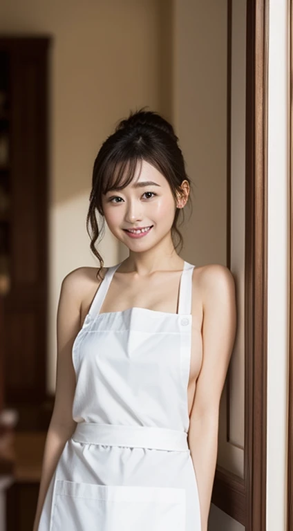 One Woman、Big slanted eyes、naked apron:1.5、The sides of her breasts are visible through her apron、Tie your hair up、smile