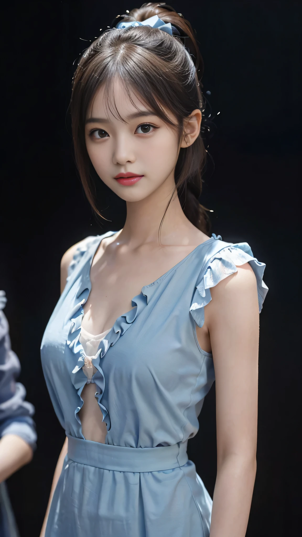 Close up face,standing on stage,Blue colored long dress with lots of ruffles,One woman,masutepiece, The highest image quality, High quality, the background is clear,Beautiful woman, Japanese, Detailed, Detailed eyes, Detailed skin, Beautiful skin, 超hight resolution, (reality: 1.4),Very beautiful woman, Slightly younger face, Beautiful skin, slender, (Ultra photo realsisim), (hight resolution), (8K), (Very detailed) (beautifully detailed eyes), (super detailed), (Detailed face), view the viewer, Fine details, Detailed face, Staring straight ahead, Staring straight ahead, photos realistic, Bright lighting, Professional Lighting, Black hair,poneyTail,a baby face,fifteen years old,Hairstyle is ponytail,long ponytail hairstyle,slight smile,neat and tidy clothing,Beautiful Japanese KPOP idol photo, hair style is ponytail, my eyes are double and wide, baby face, smile and look straight ahead, slender, small breasts,Blue ribbon on head,Close up face,
