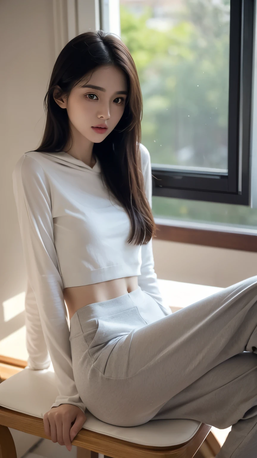 (Photorealistic),(Masterpiece),(ultra-detailed),a close shot of very beautiful and tall but so delicate and weak and thin and fragile and slender because she hasn’t eaten for a month,wearing a loose crop hoodie and loose sweat pants ,have absolutely no fat or muscles, quite tall but very small and feeble and fragile body frame and figure,enduring extreme hunger,big eyes and very small face,about to faint but resisting,extremely severely malnourished,trying to stay positive,legs and waist thin as arms,hunger in eyes, sitting on a chair,can see all her bones