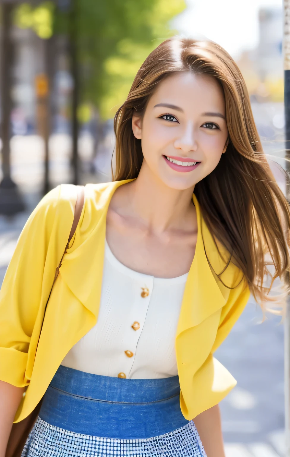 highest quality、masterpiece、Ultra-high resolution、Realistic、RAW Photos、1 girl、sexy look、Shoulder hair、The bottom half is curled and sauvage、Cute Smile like a model、frontage、hair color is blonde、yellow tight mini skirt、Casual blouse and jacket、High-end fashion model、normal high heels、Double Eyes、Apply mascara、Cute pose like a model、Cute face、Gorgeous as a model、Ultimate beauty、Cute Smile、Bright smile、Masseter region、highest quality、Fukuoka/Tenjin streetscape、sunny day、photo shoot、A shy smile、perfect eyes and nose