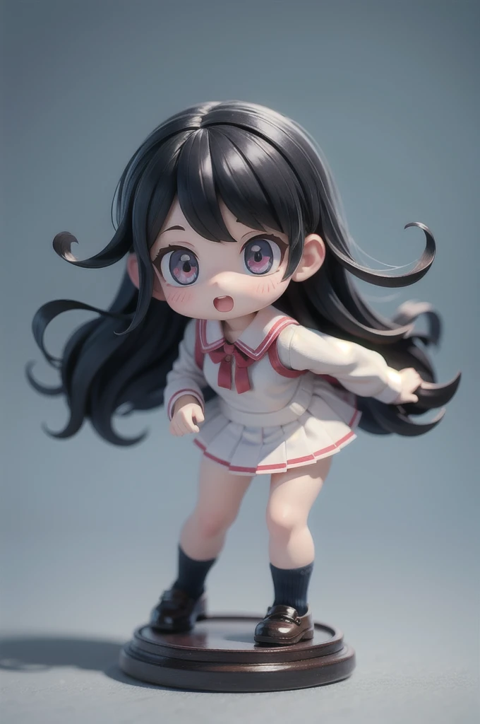 masterpiece, best quality, a cute chibi loli schoolgirl smiling, black hair, (white pinafore dress), (((short))) puffy sleeves, white hairbow, white socks, (((black mary janes))), school backpack, dynamic pose, (((full body)))