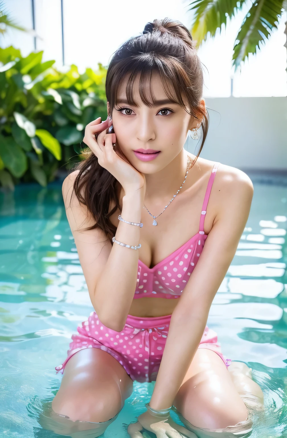 (highest quality, 4K, masterpiece :1.3), 
Sharp focus, Shallow depth of field, Bright colors, Professional level, 
20-year-old, 1 person, (Half Japanese and German woman）, famous japanese actress faces, 
Flexible body :1.3, Model Body Type:1.5, Perfect Style：1.4, 
Narrow shoulders, Beautiful clavicle, Long, slender legs, 
Delicate body type, The beauty of slim abs :1.2, Narrow waist :1.2, 
Highly detailed skin, Fair skin, Shiny skin, Highly detailed face, 
Slim face contour, beautiful small face, Beautiful nose, 
Highly detailed eyes, Long, narrow eyes, Brown eyes, double eyelid, Beautiful thin eyebrows, fine long eyelashes, 
Highly detailed lips, Fuller lips, shiny pink lips, Blushed, Beautiful Teeth, 
Beautiful actress&#39;Annuit Makeup, Pink lipstick, 
Dark brown hair, Delicate soft hair, 
(Put your hair up, Medium Short Hair, ponytail:1.2), 
Layered Cut, (Blunt bangs:1.2), 
(Stylish looking earrings,necklace,bracelet,shiny nail art:1.2), 
Cute Smile, Mouth half open, A dreamy look, ((Staring at the audience)), 
(((Photorealism,Full body photo taken from the thighs:1.5))), ((body is turned to the side)), 
Photographed from the front, Dynamic Lighting, 

(Wearing a tight polka dot dress:1.2), 

((Tropical resort crystal clear waters, Waist-deep in water:1.2)), 
The midsummer sun shines all over,