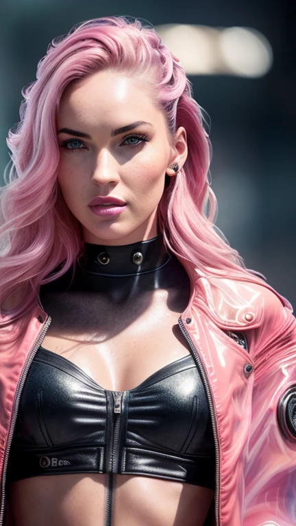 Megan Fox (RAW, analog, Nikon Z 14mm ultra-wide-angle lens, award-winning glamour photography, ((best quality)), ((masterpiece)), ((realistic)), skin pores, subsurface scattering, radiant light rays, high-resolution, detailed facial features, high detail, sharp focus, smooth, aesthetic, extremely detailed, (extremely detailed eyes, extremely detailed iris), extremely detailed hair, extremely detailed leather, extremely detailed clothing, octane rendering, photorealistic, realistic, post-processing, maximum detail, realistic shadows, roughness, natural skin texture, real life, ultra-realistic, photorealism, photography, 8k UHD, photography, hdr, intricate, elegant, high detail, sharp focus, stunning, beautiful, gorgeous), realistic, masterpiece, highest quality, 1 girl, (short hair), pigtails, naked torso, (pink hair), (frame of light), huge breasts, ((cyberpunk clothing, futuristic, transparent PVC jacket, cyberpunk setting, cinematic, in store: 1.1)), ((look at the viewer)), Complex, High detail, drama, realism, beautiful and detailed lighting, shadows, (high skin detail: 1.2), 8k UHD, DSLR, soft lighting, high quality, film grain, Fujifilm XT3, upper body, backpack, smirk, earring, 8k, hr, hdr, photorealistic, sharp focus, Jean Paul Gaultier and Jules Bastien-Lepage, Stella McCartney and Mark Keatley