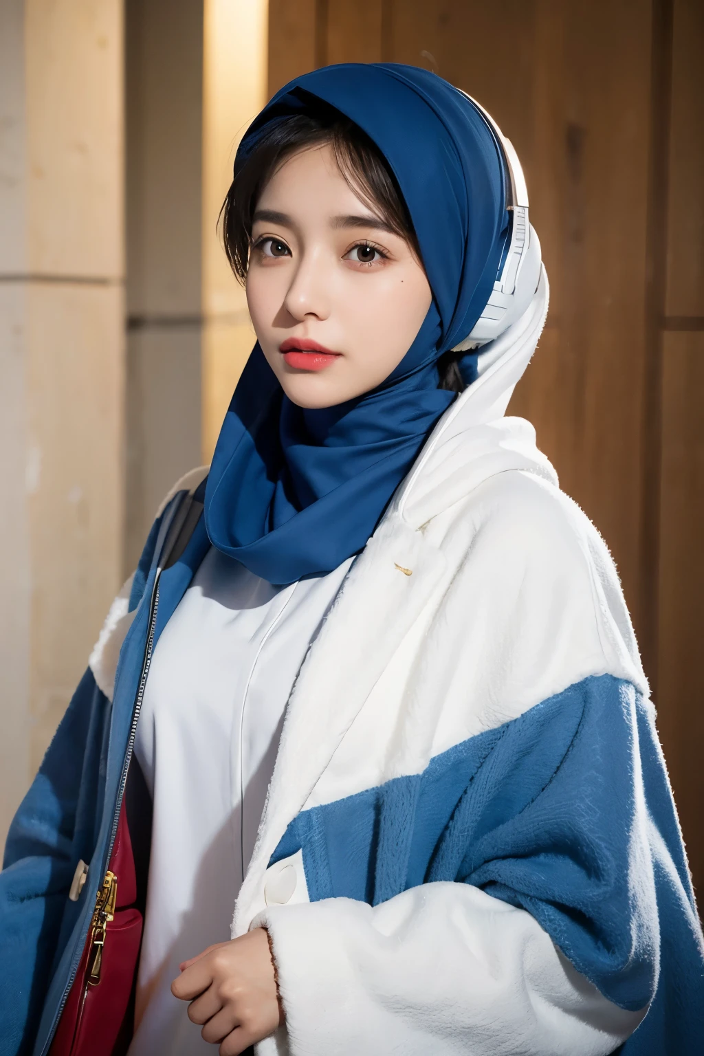 Perfect face A Muslim woman wears the Islamic hijab with a white coat and a blue scrub underneath. She wears a headset around her neck and holds a diplomatic bag in her right hand. Yellow eyes with red lips, perfect face and high face quality,base  style 