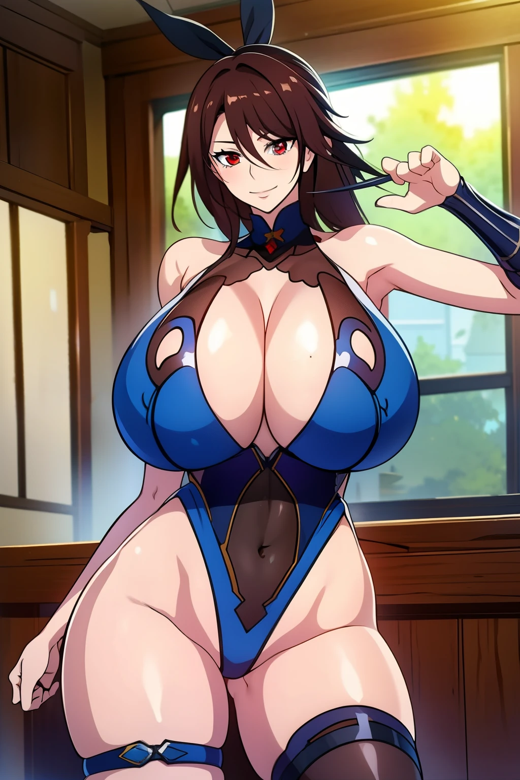 An anime-style artwork depicting Mizuki_Shiranui from the game Honkai star rail.

Tags: Mizuki_Shiranui, anime, detailed eyes, detailed lips, taimanin-suit and impossible high leg leotard, smiling expression, intense gaze, dynamic pose, indoor, palace, vibrant colors, digital art, high-resolution, professional quality, gigantic breasts, curvy, cowboy shot, (gigantic breasts: 1.4), (red eyes:1.4)