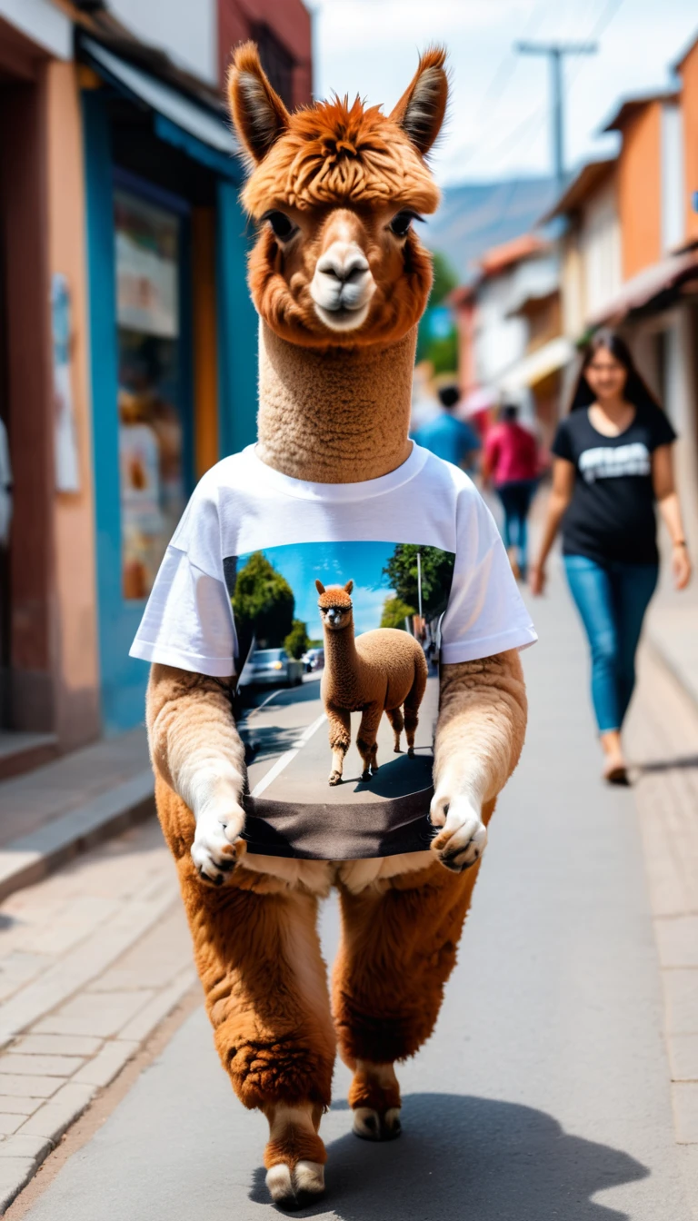 realistic photo, anamorphic full body alpaca, alpaca walking in the street, alpaca wearing t-shirt with alpaca printed pictures on it, raw photo, shallow depth of field, Immersive background