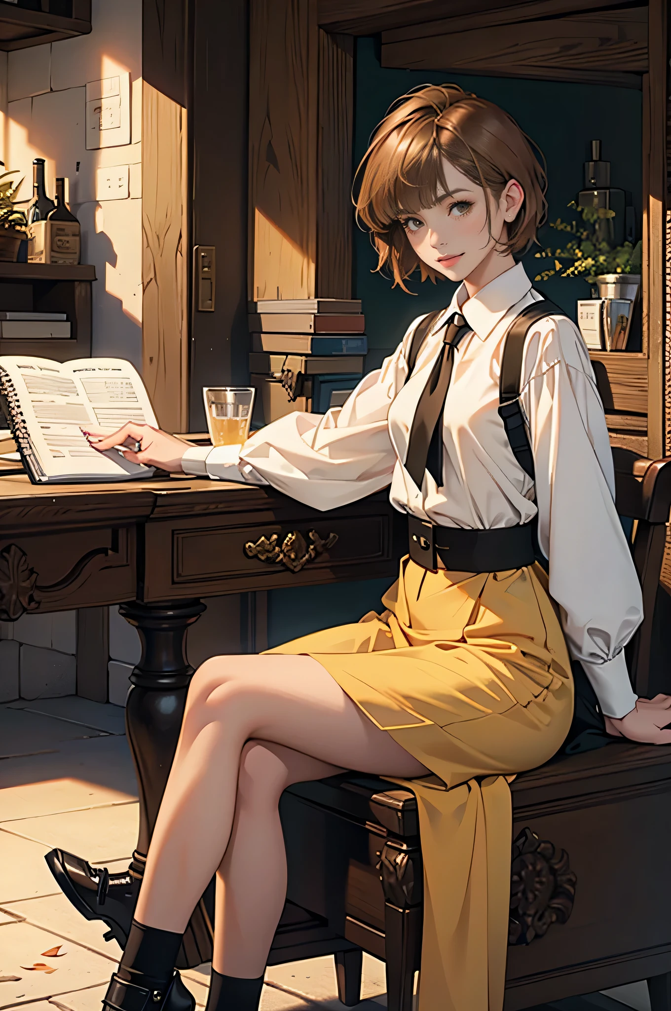 masterpiece, ultra detailed, 8K Portrait, Raw photo, portrait photography, full body, Highly detailed face, ((Fantasy)), Young beautiful, 27 years old, smile, ((((receptionist))), sitting on wood chair, (((light brown short bobbed hair))) Fluttering in the wind, blunt bangs, ocher colored long puffy sleeve clothes, yellow waistcoat, maxi skirt, ((holding a note book)), Morning Sun, hyper realistic, Body model, Small breasts, Beautiful breasts, Long legs, in the medieval adventurer's guild, Ambient lighting, Shadow details , Camera focus on face, strong breeze, Light fog