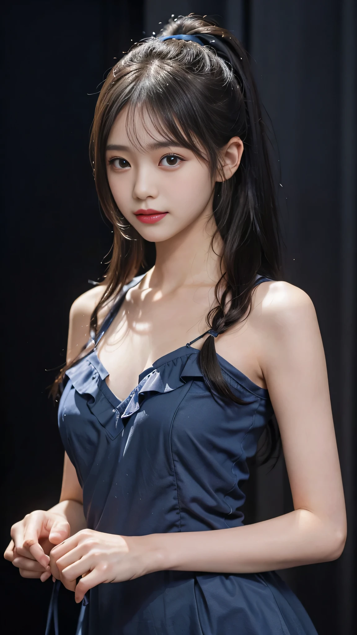 Close up face,standing on stage,Blue colored long dress with lots of ruffles,One woman,masutepiece, The highest image quality, High quality, the background is clear,Beautiful woman, Japanese, Detailed, Detailed eyes, Detailed skin, Beautiful skin, 超hight resolution, (reality: 1.4),Very beautiful woman, Slightly younger face, Beautiful skin, slender, (Ultra photo realsisim), (hight resolution), (8K), (Very detailed) (beautifully detailed eyes), (super detailed), (Detailed face), view the viewer, Fine details, Detailed face, Staring straight ahead, Staring straight ahead, photos realistic, Bright lighting, Professional Lighting, Black hair,poneyTail,a baby face,fifteen years old,Hairstyle is ponytail,long ponytail hairstyle,slight smile,neat and tidy clothing,Beautiful Japanese KPOP idol photo, hair style is ponytail, my eyes are double and wide, baby face, smile and look straight ahead, slender, small breasts,Blue ribbon on head,Close up face,
