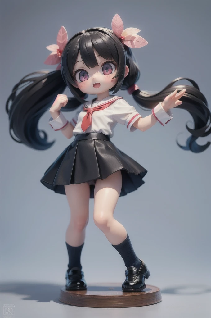 (masterpiece, best quality:1.2), 1girl,student, ((masterpiece, highest quality, Highest image quality, High resolution, photorealistic, Raw photo, 8K)),(nendoroid figure), miniatures,illustration,black hair,twin tail hair,loose socks,very happy,slutty,whole body,strip,nude,undressing,showing panty((visible panty)),low leg panty,,three-dimensional,octane rendering,Perfect face,Collagen texture((flowing hair))