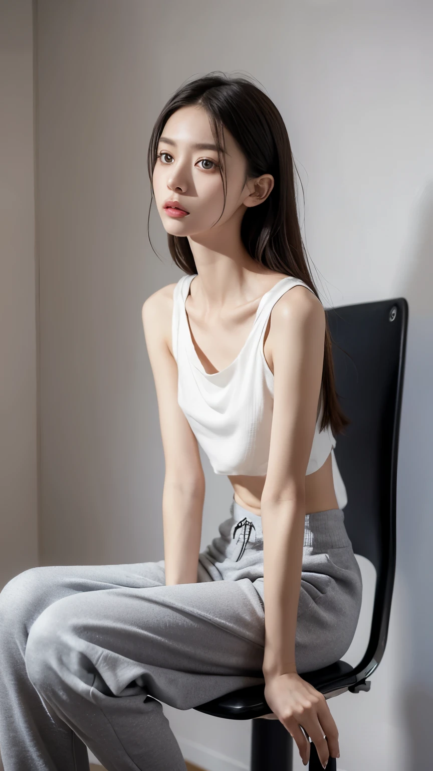 (Photorealistic),(Masterpiece),(ultra-detailed),a close shot of very beautiful and tall but so delicate and weak and thin and fragile and slender because she hasn’t eaten for a month,wearing a loose crop hoodie and loose sweat pants ,have absolutely no fat or muscles, quite tall but very small and feeble and fragile body frame and figure,enduring extreme hunger,big eyes and very small face,about to faint but resisting,extremely severely malnourished,trying to stay positive,legs and waist thin as arms,hunger in eyes, sitting on a chair,can see all her bones