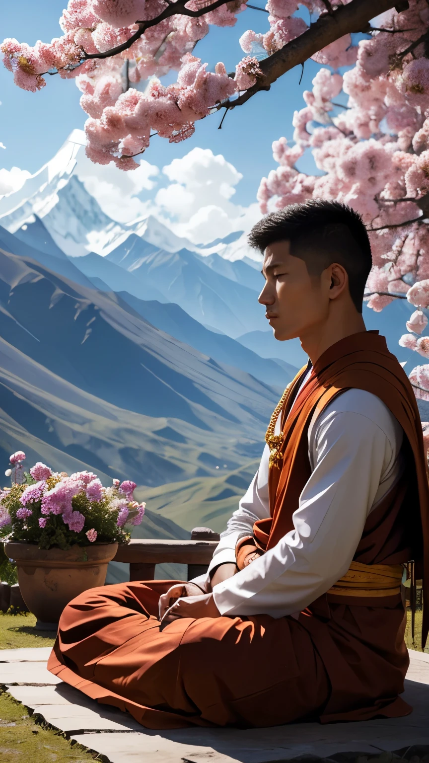 "A beautiful Tibetan mountain surrounded by lovely and beautiful large flowers and sitting there a handsome monk in meditation pose.