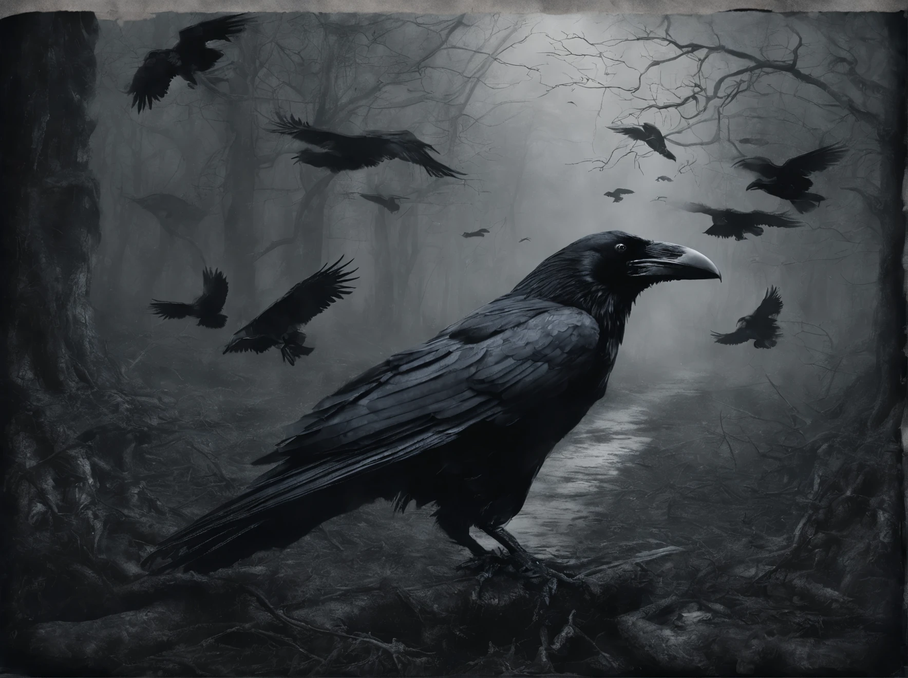 Subject: Ravens gathering around a red human heart in a rainy forest setting, ink wash style
Medium: Digital painting
Style: Black and white, atmospheric
Artist: Suggest artists known for similar styles
Website: Artstation
Resolution: 4k
Additional details: Subtle highlighting of blood, depiction of rain and mist
Color: Black and white
Lighting: Atmospheric, misty