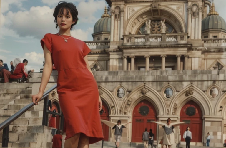 arafed woman in a red dress standing on a set of stairs, photo taken with provia 1967, in style of joel meyerowitz, photo courtesy museum of art, 1970s philippines, temples behind her, 1960s color photograph, inspired by Chizuko Yoshida, style of joel meyerowitz