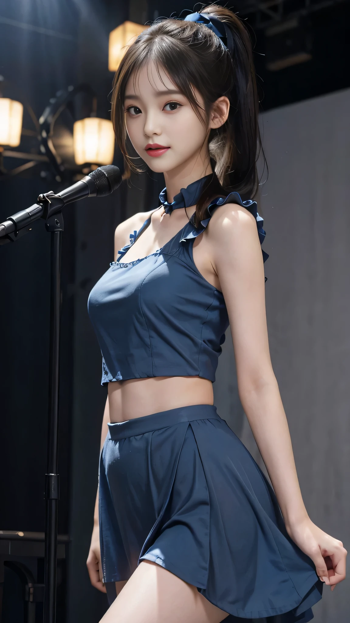 Close up face,standing on stage,Blue colored long dress with lots of ruffles,One woman,masutepiece, The highest image quality, High quality, the background is clear,Beautiful woman, Japanese, Detailed, Detailed eyes, Detailed skin, Beautiful skin, 超hight resolution, (reality: 1.4),Very beautiful woman, Slightly younger face, Beautiful skin, slender, (Ultra photo realsisim), (hight resolution), (8K), (Very detailed) (beautifully detailed eyes), (super detailed), (Detailed face), view the viewer, Fine details, Detailed face, Staring straight ahead, Staring straight ahead, photos realistic, Bright lighting, Professional Lighting, Black hair,poneyTail,a ,fifteen ye is ponytail,long ponytail hairstyle,slight smile,neat and tidy clothing,Beautiful Japanese KPOP idol photo, hair style is ponytail, my eyes are double and wide, baby face, smile and look ahead, slender, small breasts,Blue ribbon on head,Close up face,