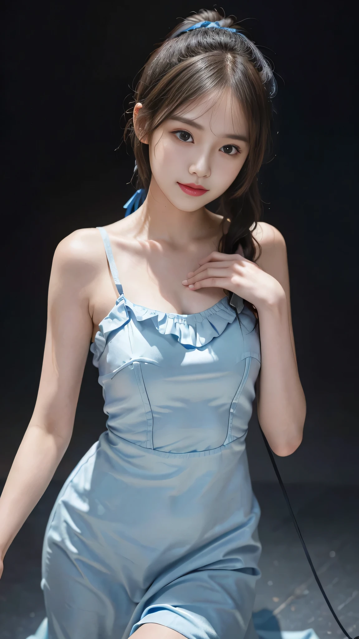 (ultra HD), (Blue dress), Big Breasts, Cleavage, Slender, whole body, Standing posture, (Clean and shiny skin, Whitening, No makeup), (超Slenderな顔立ち, Super beautiful face, Delicate face), (long hair, Layered Cut, Fluffy hair, bionde), (Patchy double eyelids, Slanted Eyes), Small Nose, Thin lips, Thin legs, bustling street