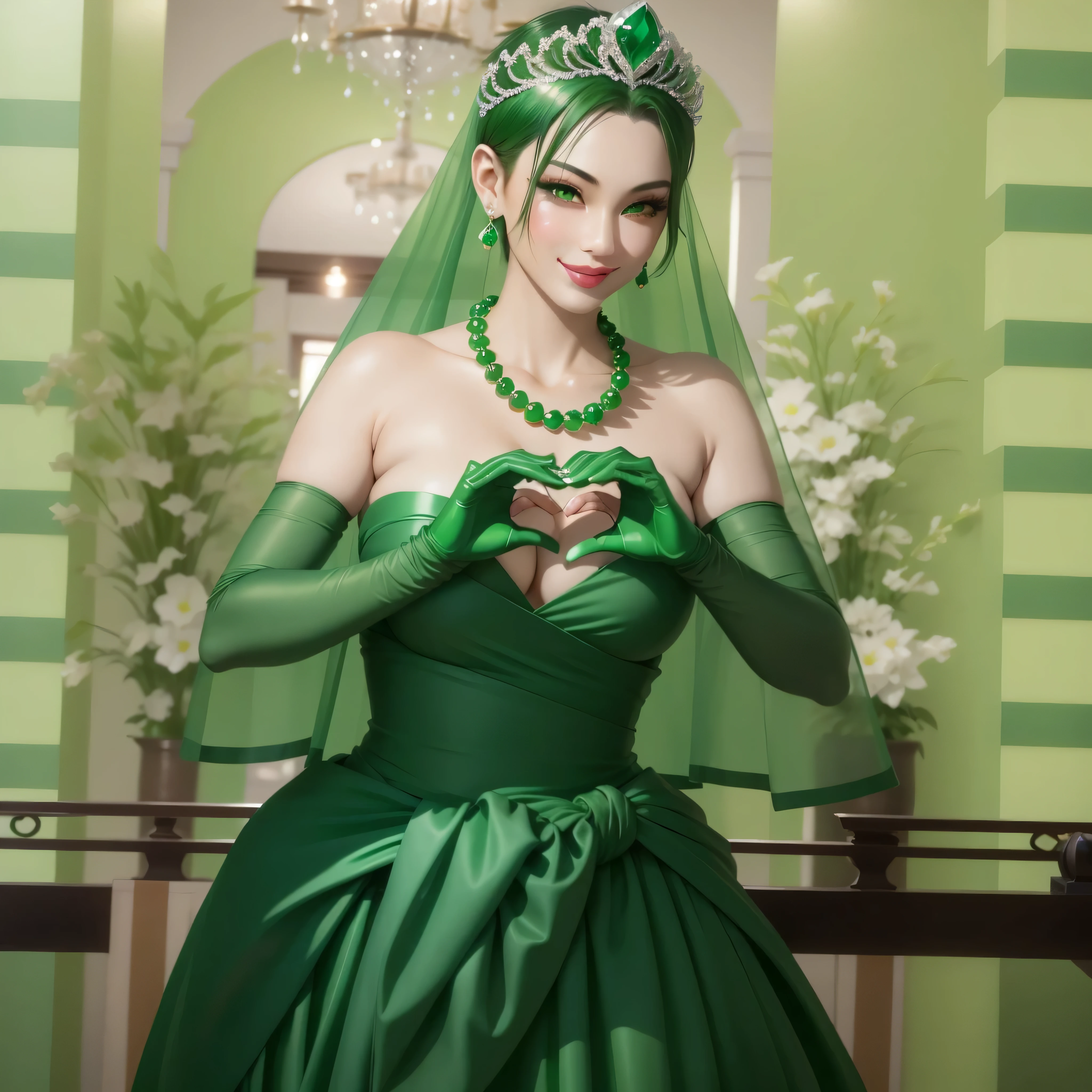 Emerald Tiara, green pearl necklace, boyish very short green hair, Green Lips, Smiling Japanese woman, very short hair, Beautiful woman with , green eyes, Green satin gloves, green eyes, emerald earrings, green veil, Heart with both hands, green hair, beautiful japanese woman, Heart shaped hands:1.3, green lip gloss