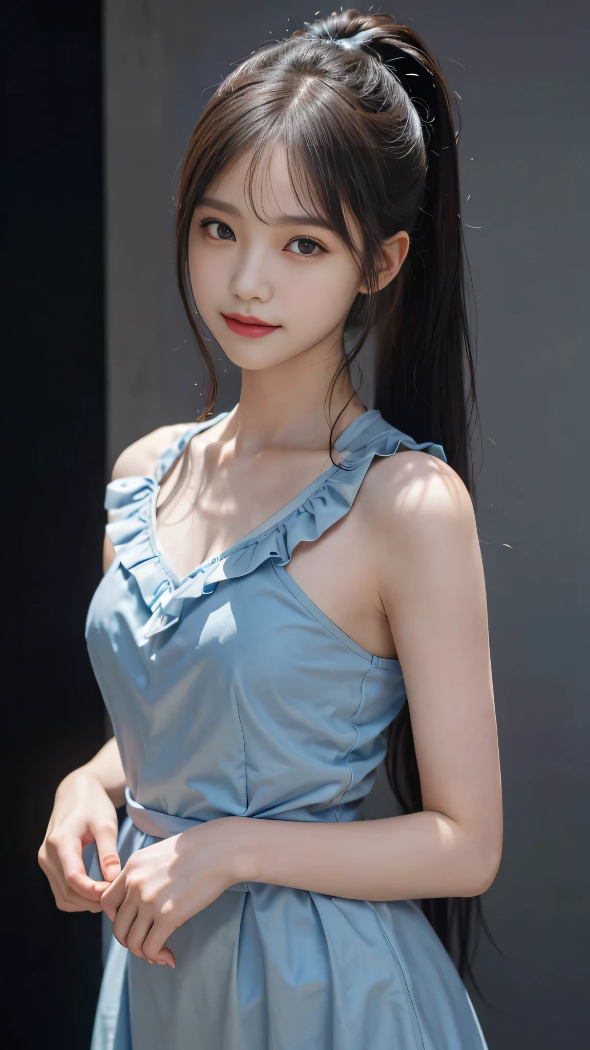 Close up face,standing on stage,Blue colored long dress with lots of ruffles,One woman,masutepiece, The highest image quality, High quality, the background is clear,Beautiful woman, Japanese, Detailed, Detailed eyes, Detailed skin, Beautiful skin, 超hight resolution, (reality: 1.4),Very beautiful woman, Slightly younger face, Beautiful skin, slender, (Ultra photo realsisim), (hight resolution), (8K), (Very detailed) (beautifully detailed eyes), (super detailed), (Detailed face), view the viewer, Fine details, Detailed face, Staring straight ahead, Staring straight ahead, photos realistic, Bright lighting, Professional Lighting, Black hair,poneyTail,a baby face,fifteen years old,Hairstyle is ponytail,long ponytail hairstyle,slight smile,neat and tidy clothing,Beautiful Japanese KPOP idol photo, hair style is ponytail, my eyes are double and wide, baby face, smile and look straight ahead, slender, small breasts,Blue ribbon on head,Close up face,