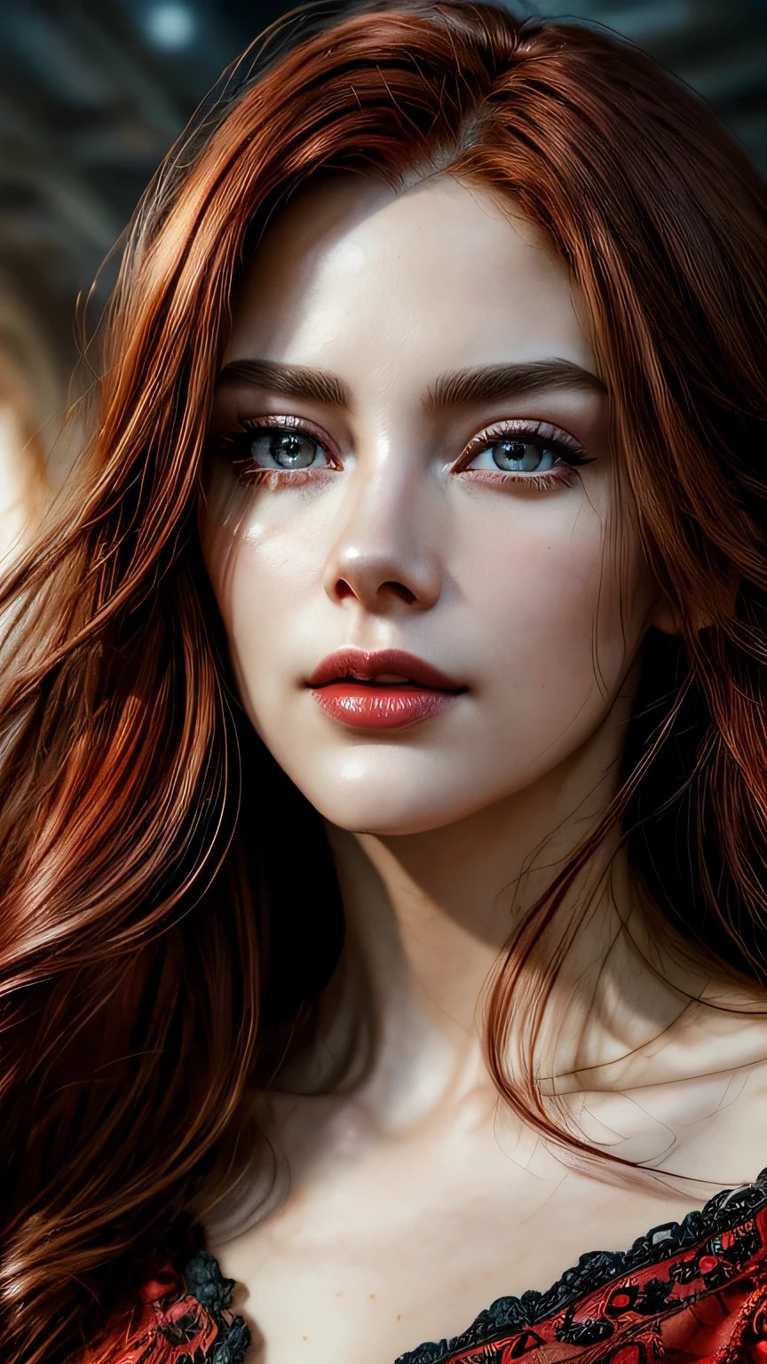 face close up, portrait shot, ((vivid red hair)), mature woman, 30 years old, diamond face, moonlight, red starry sky background, depth of field, magic, big red lips, ((dark and red black eyes)) black and red long and full dress, covered chest, mystical atmosphere, ominous shadows, Intense blue aura, Intense red aura (best quality:1.2), absurdres, intricate details, (highly detailed skin:1.2), smile expression, posing, taut and well defined body, attractive. Highly realistic, pale skin, beautiful, hyperrealism, skin very elaborated, direct gaze, (RAW, analogue, Nikon Z 14mm ultra-wide angle lens, award-winning glamour photograph, ((best quality)), ((masterpiece)), ((realistic)), skin pores, subsurface scattering, high-res, detailed facial features, high detail, sharp focus, smooth, aesthetic, extremely detailed, (extremely detailed eyes, extremely detailed iris), extremely detailed hair, extremely detailed skin, extremely detailed clothes, octane render, photorealistic, realistic, post-processing, max detail, realistic shadows, roughness, natural skin texture, real life, ultra-realistic, photorealism, photography, 8k UHD, photography, hdr, intricate, elegant, highly detailed, sharp focus, stunning, beautiful, gorgeous), realistic, masterpiece, highest quality, movie still, cloud girl, floating in the sky, (close-up:1.1), medium breast, bright, happy, fun, soft lighting,