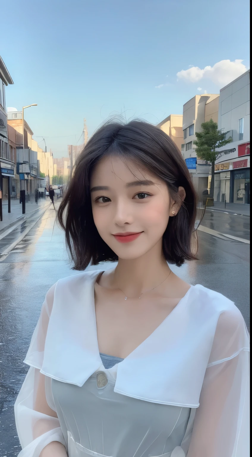 ((highest quality, 8k, masterpiece:1.3)), concentrated: 1.2, Perfect body beauty: 1.4, Hips: 1.2, ((Layered Haircut, chest: 1.2)), (Wet clothes: 1.1), (rain, street:1.3), Bandeau dress: 1.1, Highly detailed face and skin texture, Beautiful Eyes, double eyelid, Whitening skin, Long Hair, (shut up: 1.3), smile