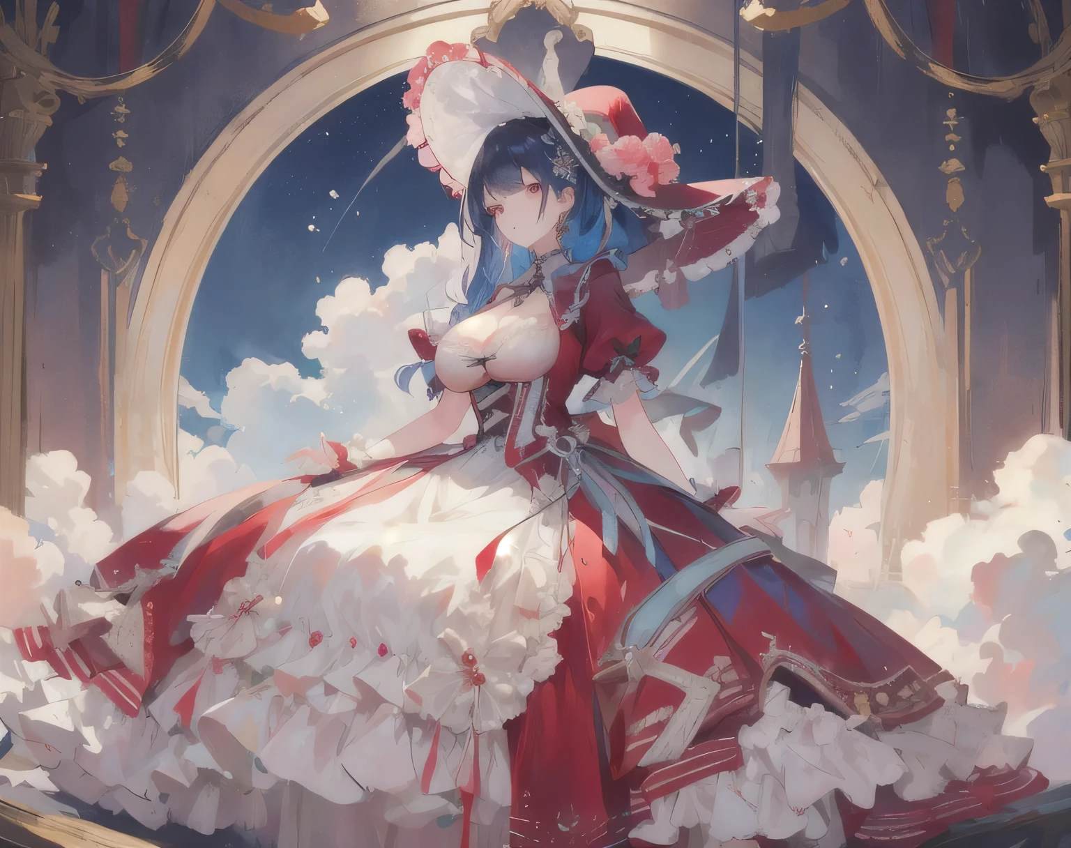 A young woman standing gracefully in a moonlit garden, her enormous voluminous crinoline dress billowing around her like a cloud, ((masterpiece, best quality, highres, distinct_image)), extremely beautiful and delicate, extremely detailed, intricate detail, full body, (1girl:1.3), solo, short stack, huge breasts, red dress, hat, hat flower, wrenchrococodome, vivid colors, colorful, bloom, sky, detailed face, detailed ornament, detailed frills,