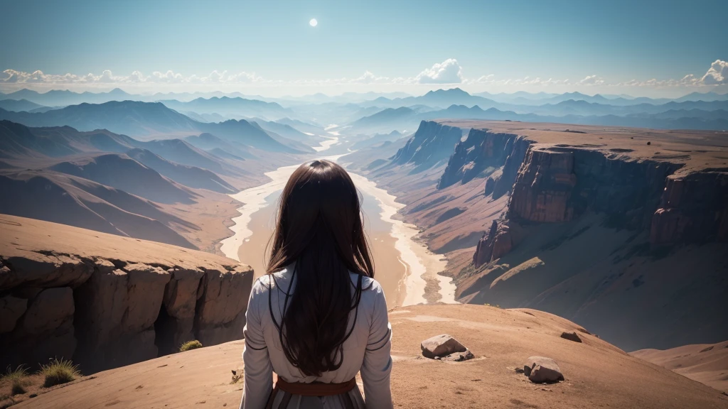 1 mulher olhando para o horizonte, do alto de uma montanha, facing away from the camera, em um dia ensolarado
