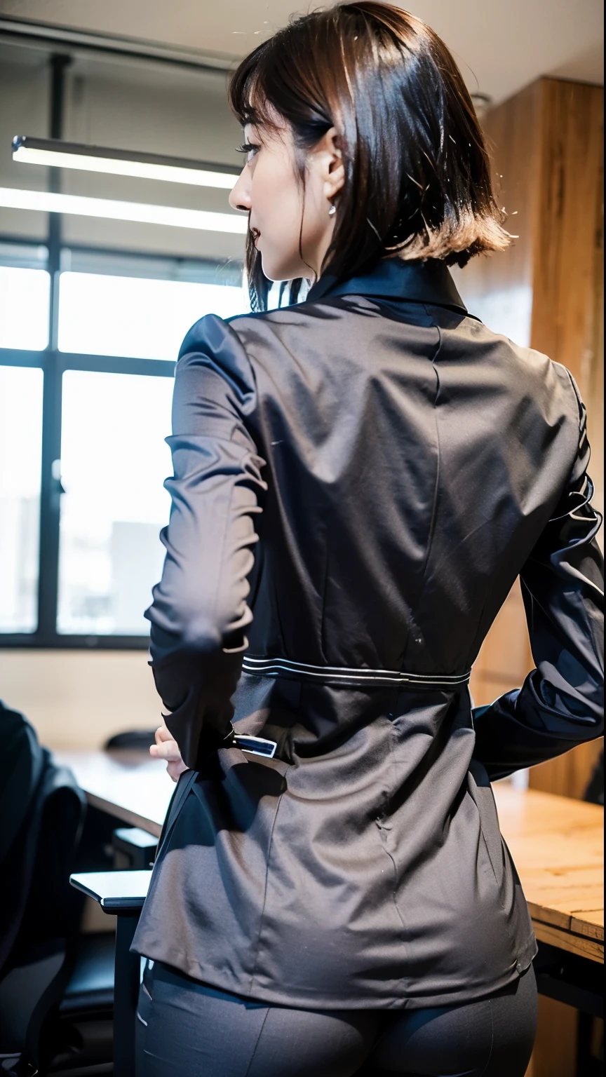 (highest quality, 8k, 32k, masterpiece, Ultra-high resolution:1.2), One girl, Beautiful Japanese Women, Tight waist, grey suit, Open jacket, office lady, suit, pants, From behind, Office Room, machine, (Stick your butt out:1.2), Detailed face, short hair, From below, Raise one leg